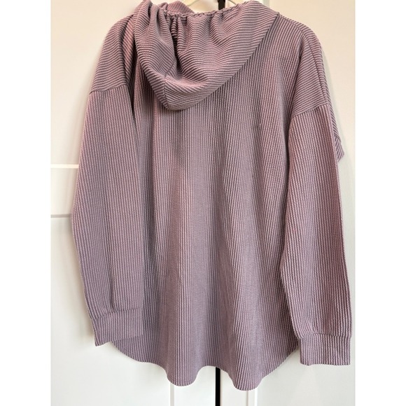 Heimish USA Womens Waffle Knit Hoodie V Neck Long Sleeve Lavender Casual Top - Picture 5 of 5